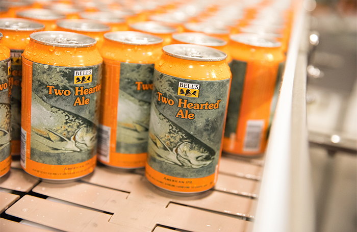 Cans of Bell's Two Hearted on the packaging line.