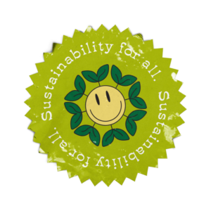 A green circular sticker with a smiley face and sprouts promoting sustainability for all.