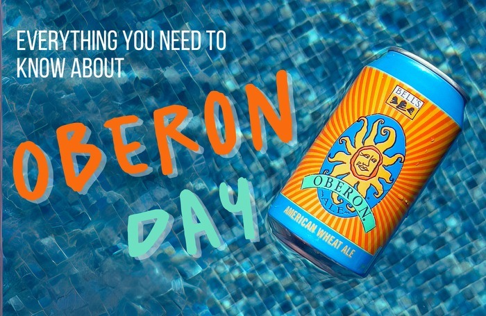 A vibrant graphic with the text "Everything You Need to Know About Oberon Day" overlaid on a background that resembles a sunlit pool. A can of Bell's Oberon Ale, featuring a bright sun face on a striped orange and blue pattern, is prominently displayed to the right.