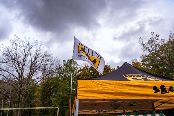 A Bell's Tent with a Bell's flag flying in front of it