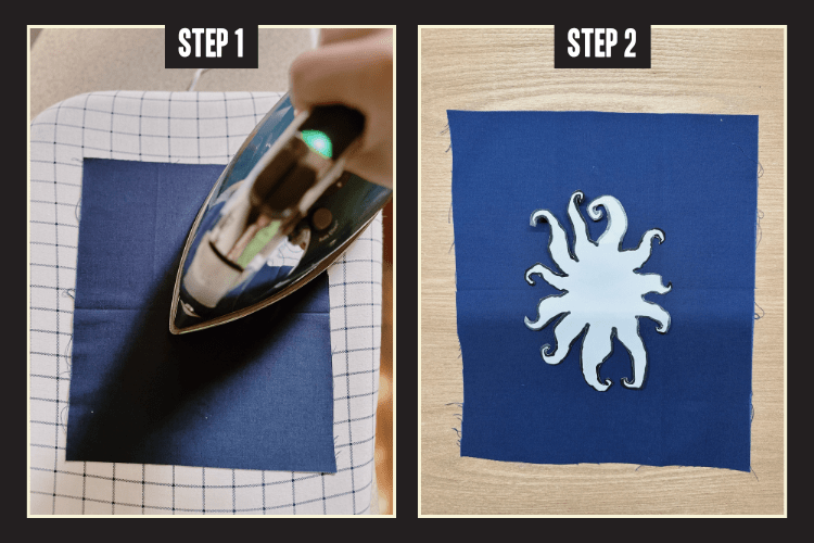 Ironing fabric and placing oberon sun stencil on fabric