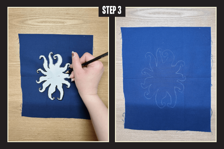 Tracing oberon sun stencil onto fabric and photo of the outline