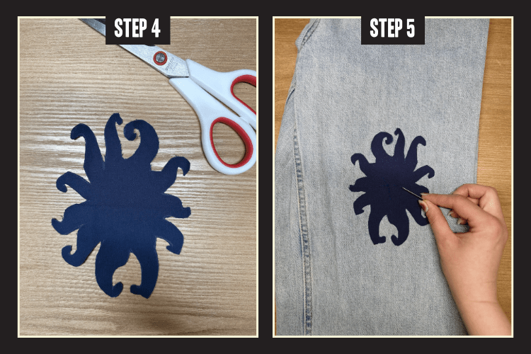 cutting out fabric and placing on jeans