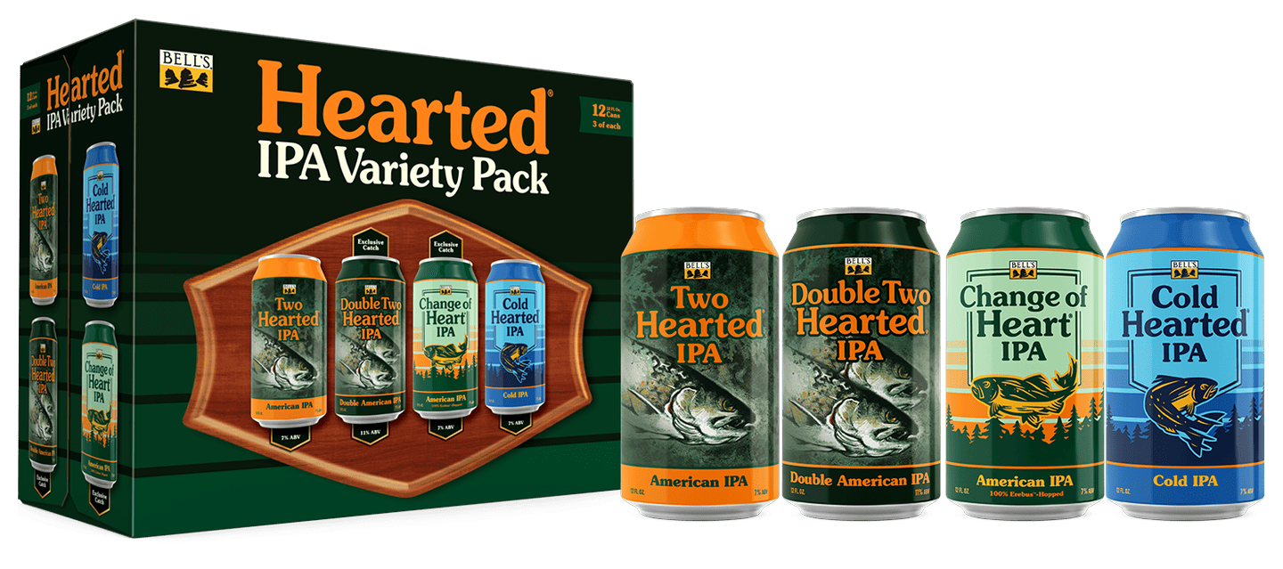 Bell's Hearted IPA Variety Pack box with Two Hearted, Double Two Hearted, Change of Heart, and Cold Hearted cans